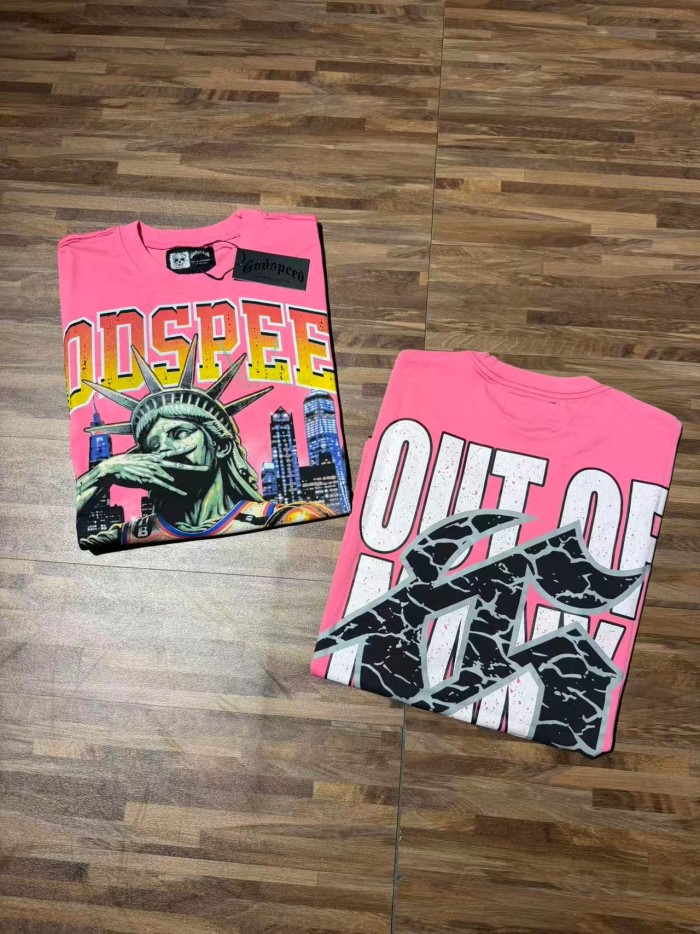 Godspeed Statue Of Liberty Basketball Print Back Slogan Cracked Logo Washed T-Shirt 2 colors 29555594