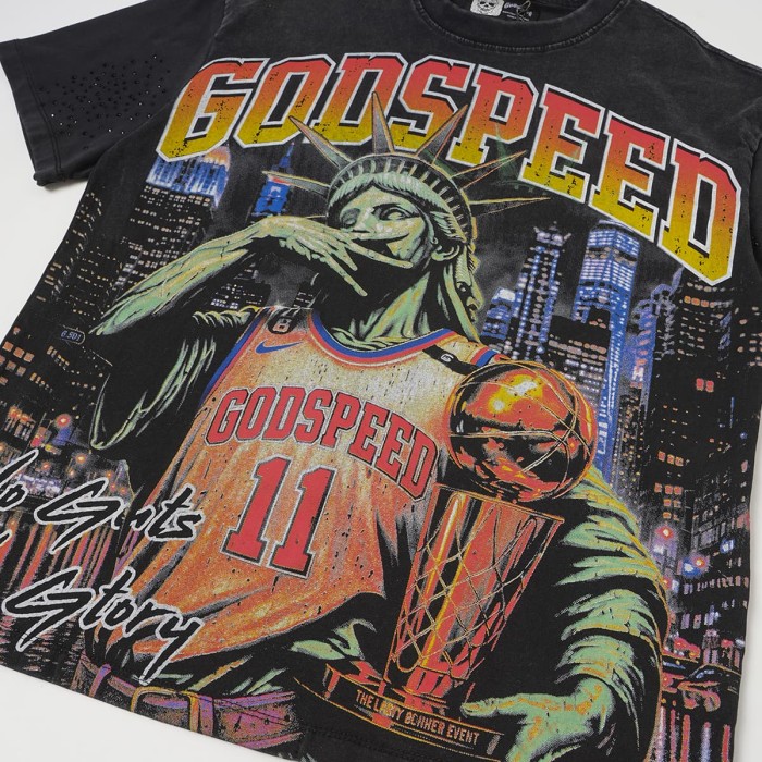 Godspeed Statue Of Liberty Basketball Print Back Slogan Cracked Logo Washed T-Shirt 2 colors 29555594