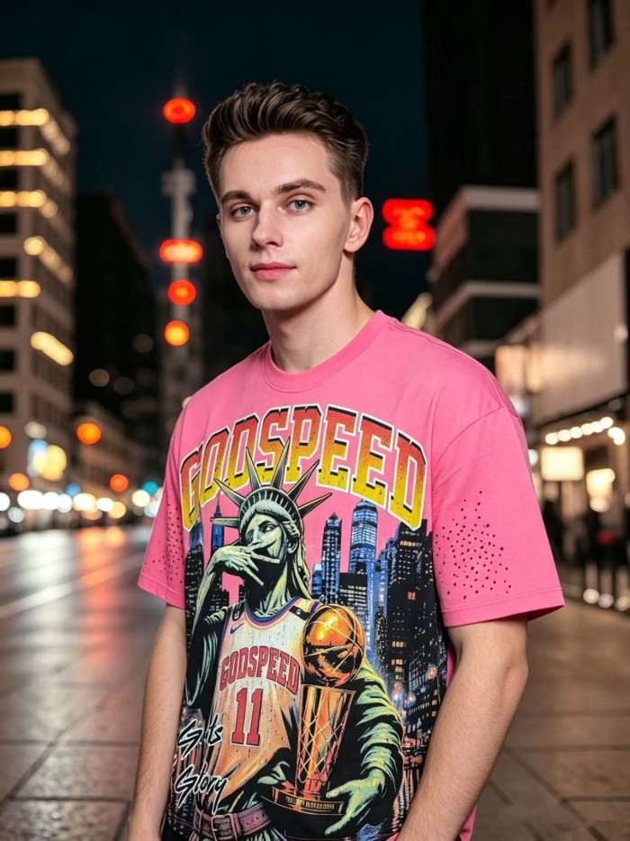 Godspeed Statue Of Liberty Basketball Print Back Slogan Cracked Logo Washed T-Shirt 2 colors 29555594