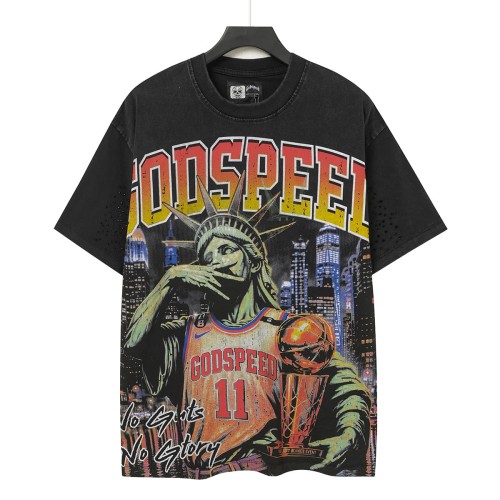Godspeed Statue Of Liberty Basketball Print Back Slogan Cracked Logo Washed T-Shirt 2 colors 29555594