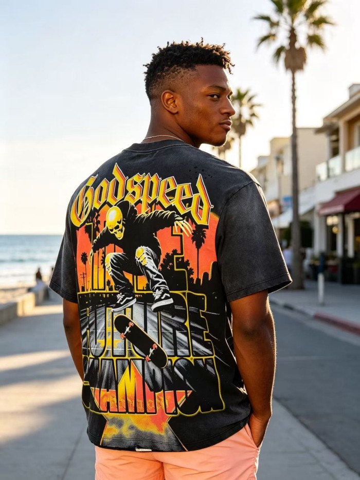 Godspeed Washed Front Skate Skeleton Gothic Letter Back Champion Slogan T-Shirt 29554988