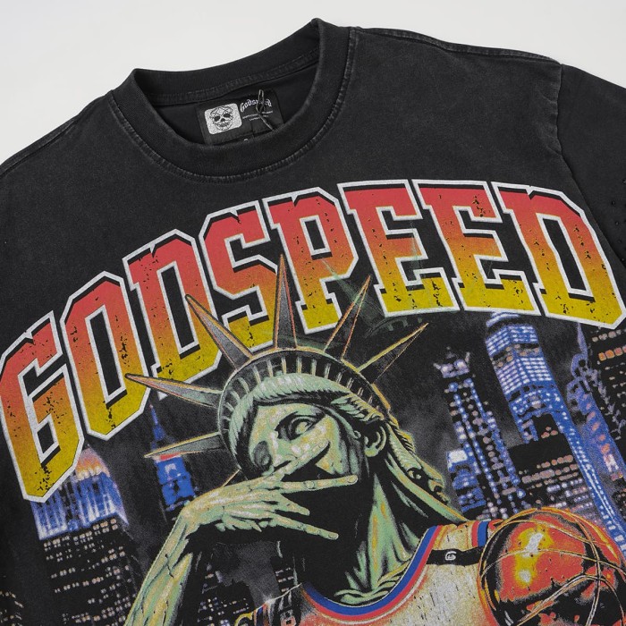 Godspeed Statue Of Liberty Basketball Print Back Slogan Cracked Logo Washed T-Shirt 2 colors 29555594