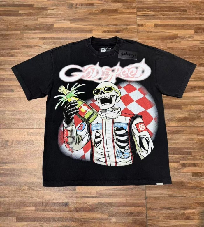 Godspeed Racer Skeleton Champagne Checkerboard Chrome Font T-Shirt 2 colors 29557233