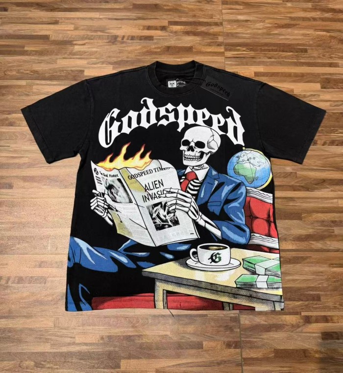 Godspeed Suit Skeleton Newspaper Print Gothic Letter T-Shirt 2 colors 29557127