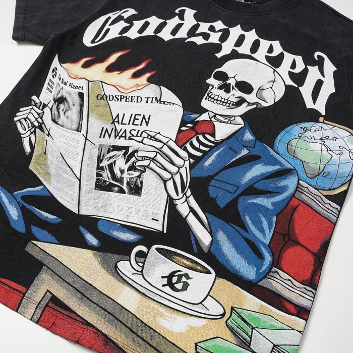 Godspeed Suit Skeleton Newspaper Print Gothic Letter T-Shirt 2 colors 29557127