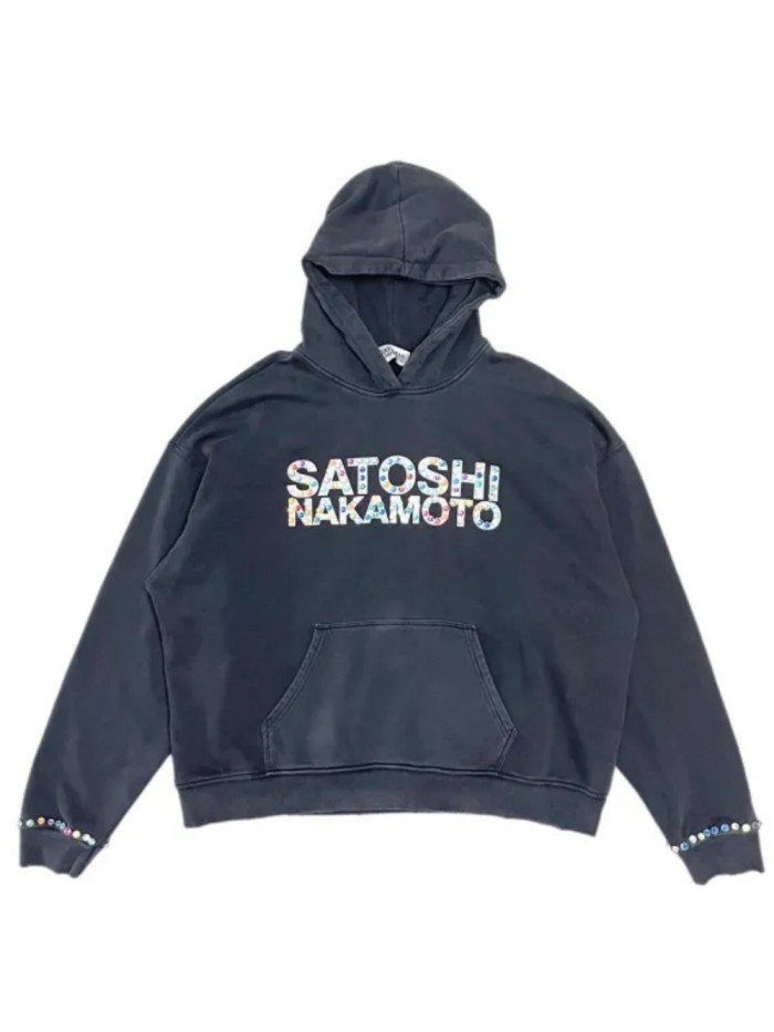Satoshi Nakamoto Washed Black Rhinestone Letter Hoodie