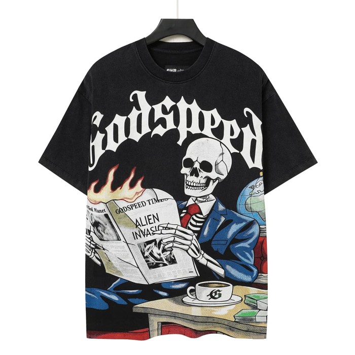 Godspeed Suit Skeleton Newspaper Print Gothic Letter T-Shirt 2 colors 29557127