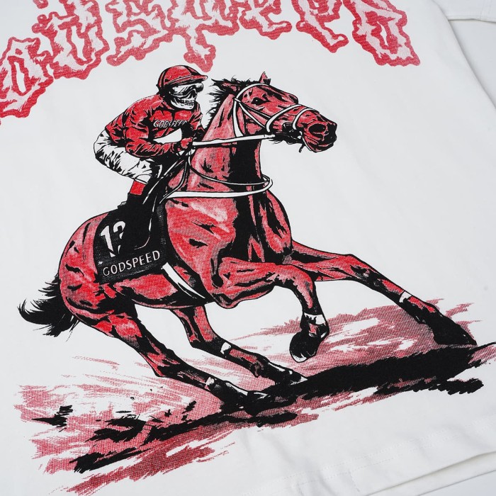 Godspeed Flame Font Skeleton Jockey Horse Racing Print T-Shirt 2 colors 29557052