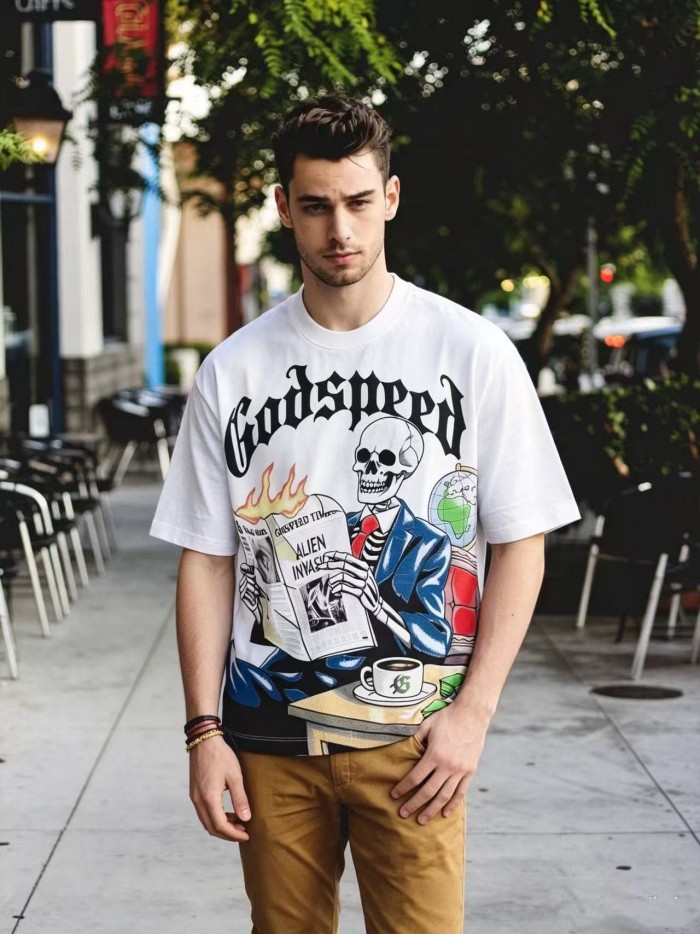 Godspeed Suit Skeleton Newspaper Print Gothic Letter T-Shirt 2 colors 29557127