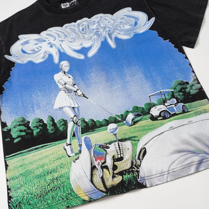 Godspeed Washed Front Golf Robot Skeleton Graffiti Font Print Back 3D Slogan T-Shirt 29557047