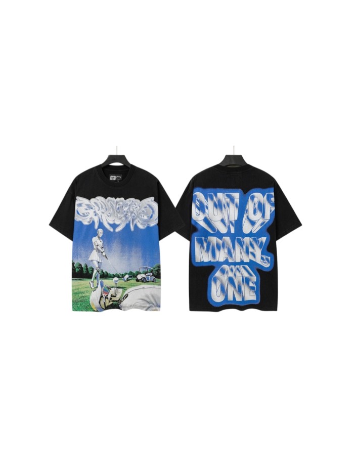 Godspeed Washed Front Golf Robot Skeleton Graffiti Font Print Back 3D Slogan T-Shirt 29557047