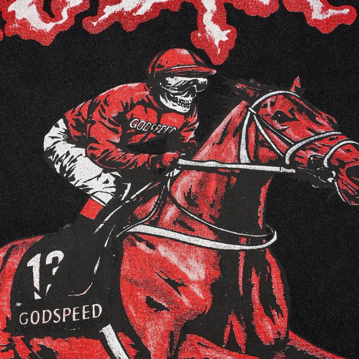 Godspeed Flame Font Skeleton Jockey Horse Racing Print T-Shirt 2 colors 29557052