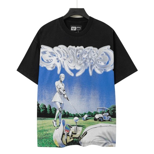 Godspeed Washed Front Golf Robot Skeleton Graffiti Font Print Back 3D Slogan T-Shirt 29557047