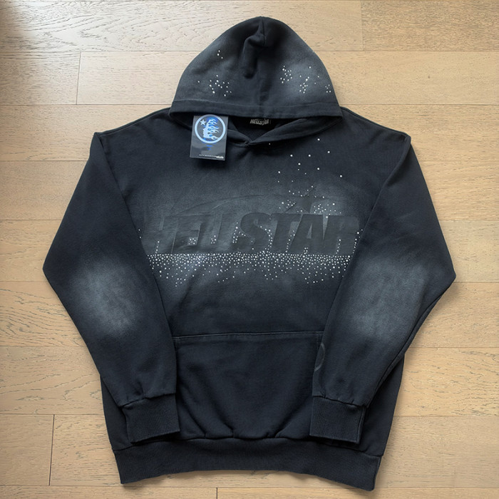 Hellstar Studio Wash Gradient Rhinestone Dot Letter Dark Flame Monogram Hoodie 29557323