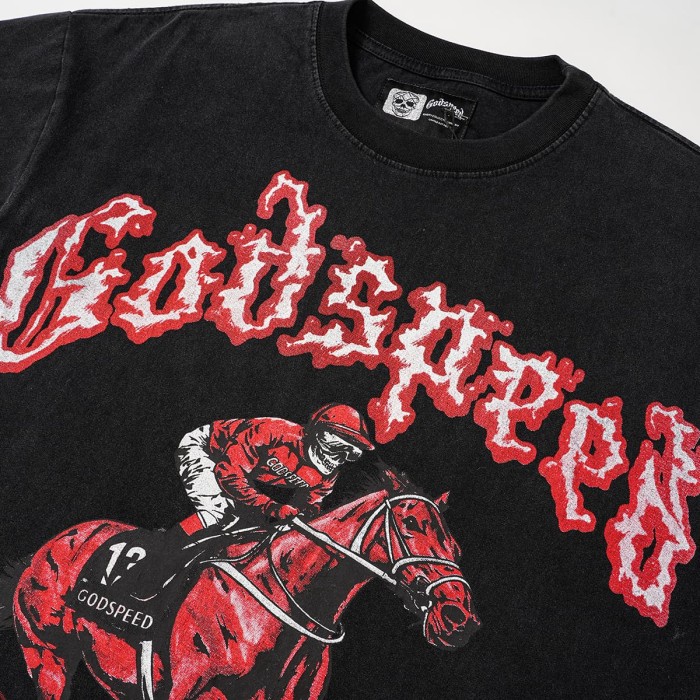 Godspeed Flame Font Skeleton Jockey Horse Racing Print T-Shirt 2 colors 29557052