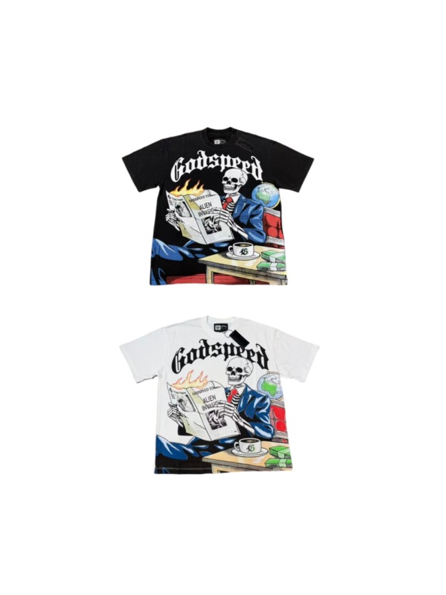 Godspeed Suit Skeleton Newspaper Print Gothic Letter T-Shirt 2 colors 29557127