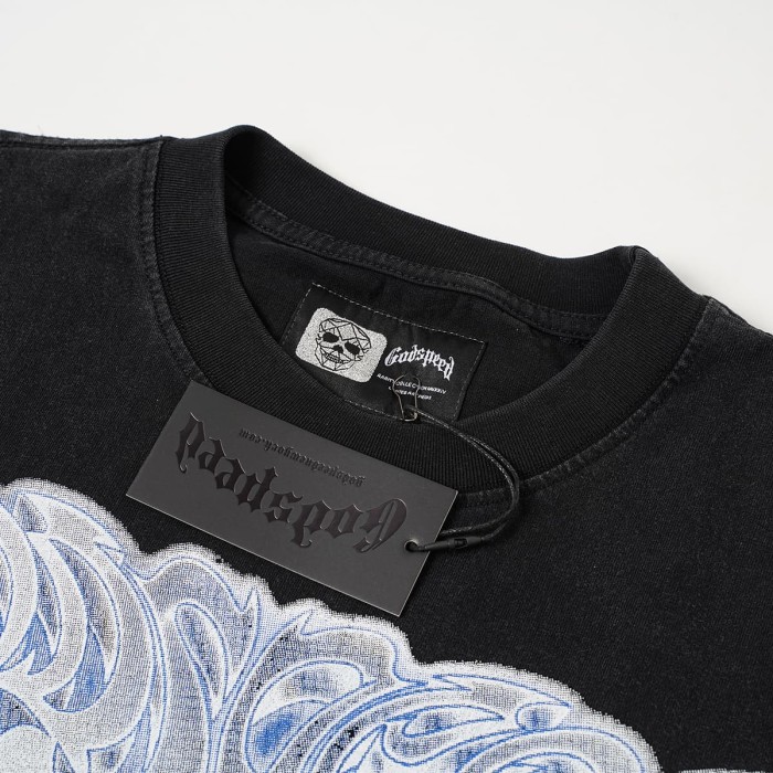 Godspeed Washed Front Golf Robot Skeleton Graffiti Font Print Back 3D Slogan T-Shirt 29557047