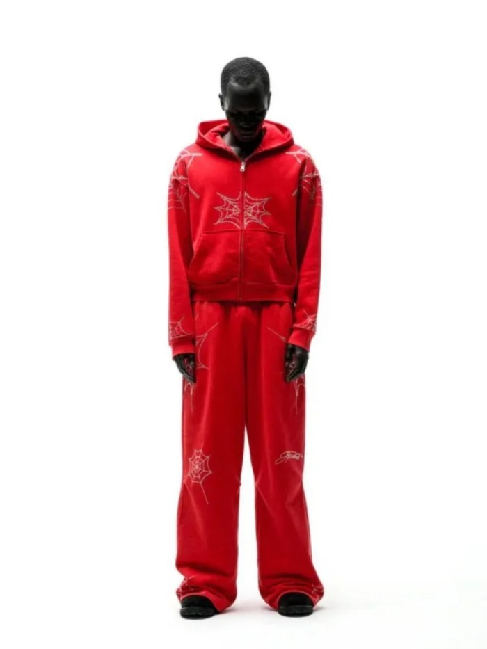 Sp5der [Big & Tall for weights up to 220 lbs] 1:1 quality version Sp5der Red Rhinestone Web Zip Hoodie & Sweatpants