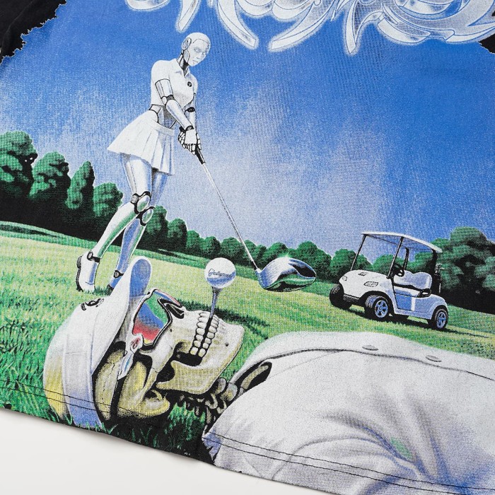 Godspeed Washed Front Golf Robot Skeleton Graffiti Font Print Back 3D Slogan T-Shirt 29557047