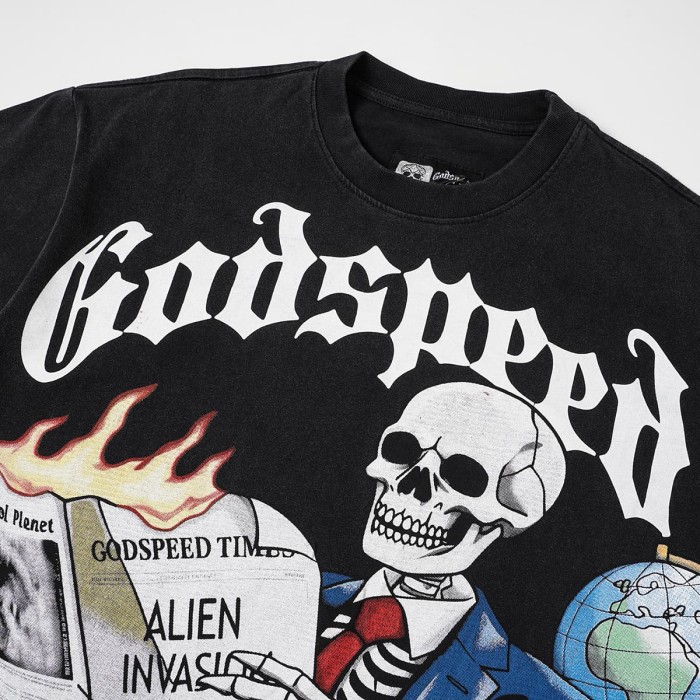 Godspeed Suit Skeleton Newspaper Print Gothic Letter T-Shirt 2 colors 29557127