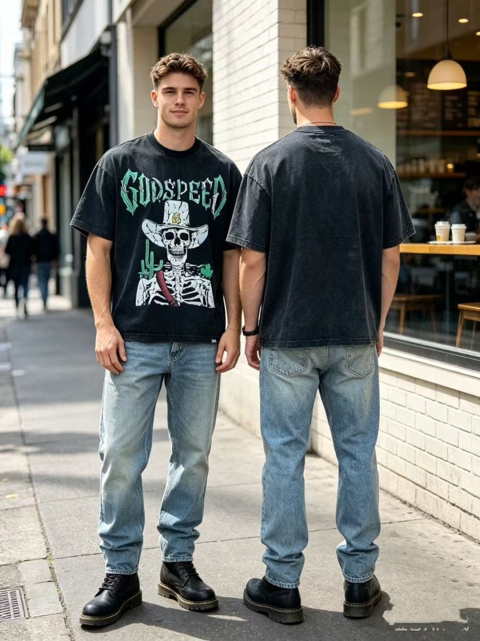 Godspeed Western Cowboy Skeleton Cactus Gothic Letter T-Shirt 2 colors 29557054