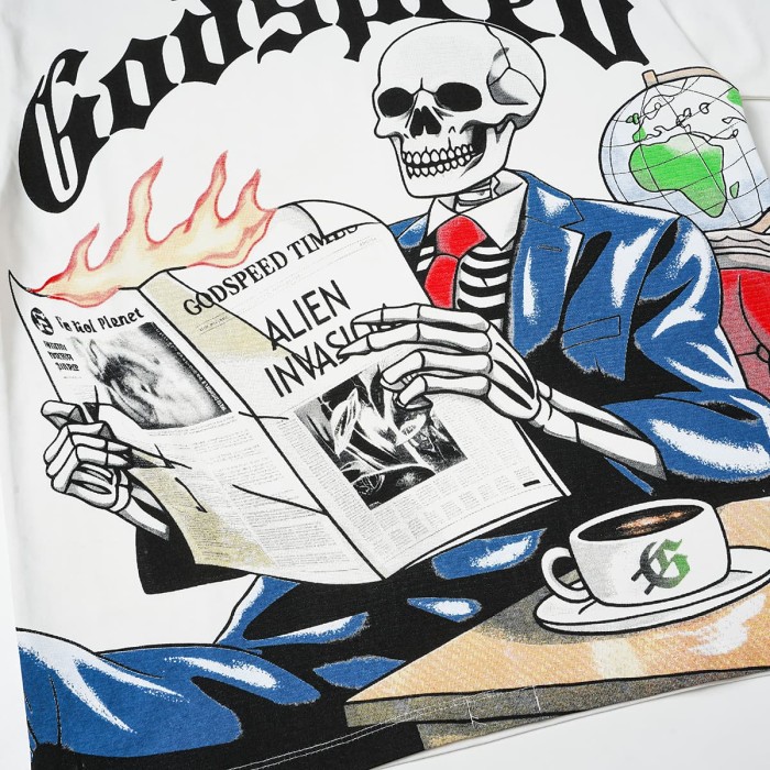 Godspeed Suit Skeleton Newspaper Print Gothic Letter T-Shirt 2 colors 29557127