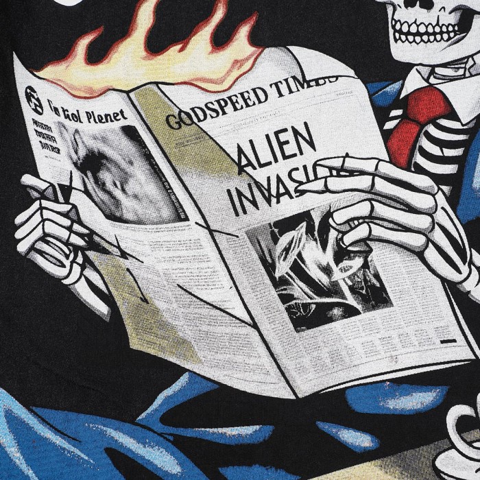 Godspeed Suit Skeleton Newspaper Print Gothic Letter T-Shirt 2 colors 29557127