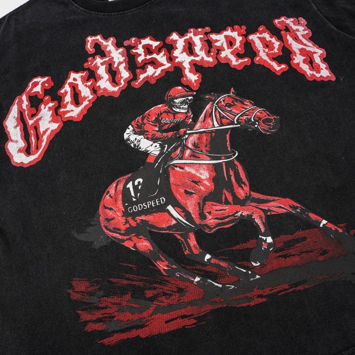 Godspeed Flame Font Skeleton Jockey Horse Racing Print T-Shirt 2 colors 29557052