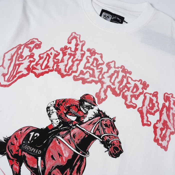 Godspeed Flame Font Skeleton Jockey Horse Racing Print T-Shirt 2 colors 29557052