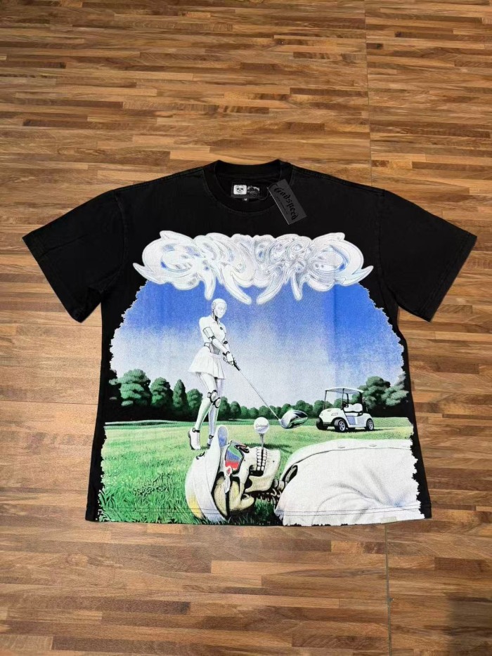 Godspeed Washed Front Golf Robot Skeleton Graffiti Font Print Back 3D Slogan T-Shirt 29557047