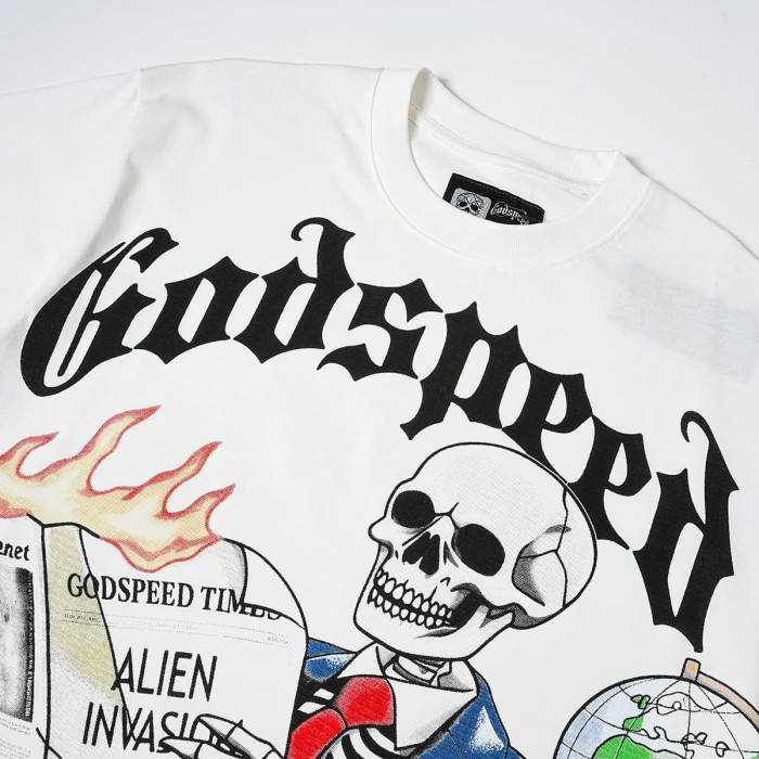 Godspeed Suit Skeleton Newspaper Print Gothic Letter T-Shirt 2 colors 29557127