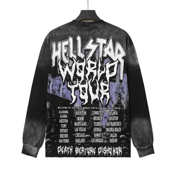 Hellstar Studio Skeleton Guitar Rock Font Back Tour City Slogan Frayed Long Sleeve T-Shirt 29558857