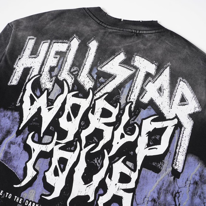 Hellstar Studio Skeleton Guitar Rock Font Back Tour City Slogan Frayed Long Sleeve T-Shirt 29558857