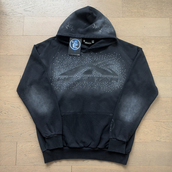 Hellstar Studio Wash Gradient Rhinestone Star Logo Dark Flame Circle Monogram Hoodie 29558830