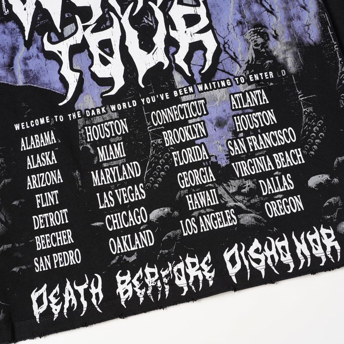 Hellstar Studio Skeleton Guitar Rock Font Back Tour City Slogan Frayed Long Sleeve T-Shirt 29558857