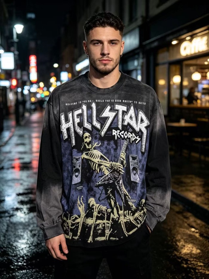 Hellstar Studio Skeleton Guitar Rock Font Back Tour City Slogan Frayed Long Sleeve T-Shirt 29558857