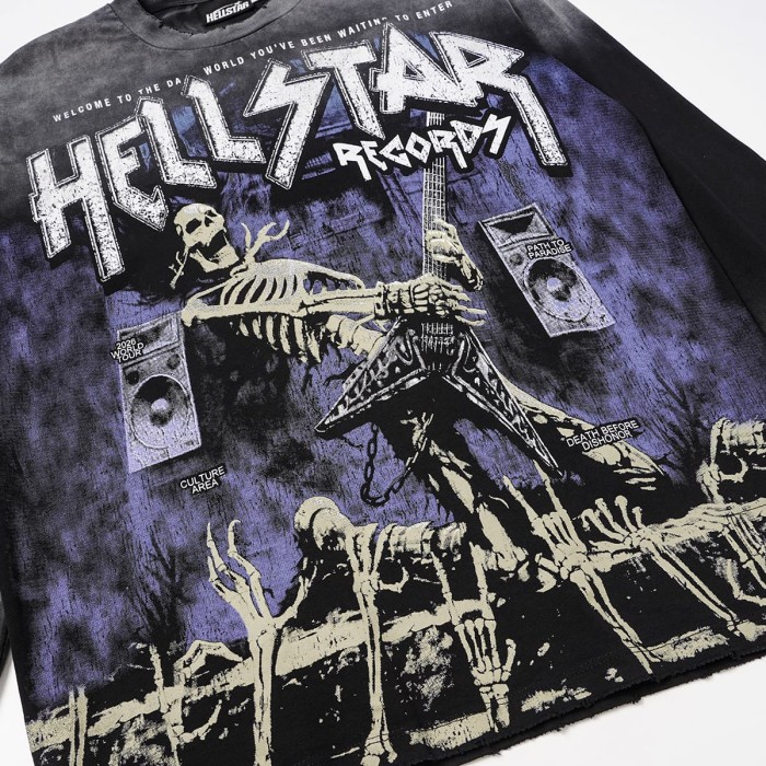 Hellstar Studio Skeleton Guitar Rock Font Back Tour City Slogan Frayed Long Sleeve T-Shirt 29558857