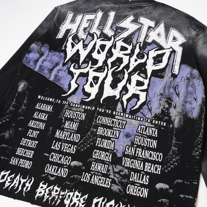 Hellstar Studio Skeleton Guitar Rock Font Back Tour City Slogan Frayed Long Sleeve T-Shirt 29558857