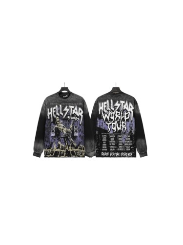Hellstar Studio Skeleton Guitar Rock Font Back Tour City Slogan Frayed Long Sleeve T-Shirt 29558857