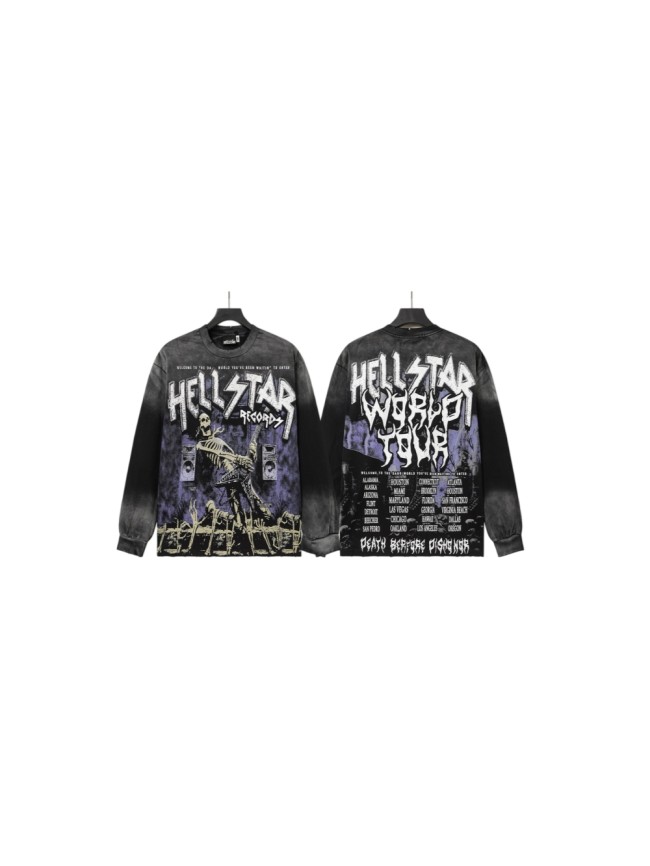 Hellstar Studio Skeleton Guitar Rock Font Back Tour City Slogan Frayed Long Sleeve T-Shirt 29558857