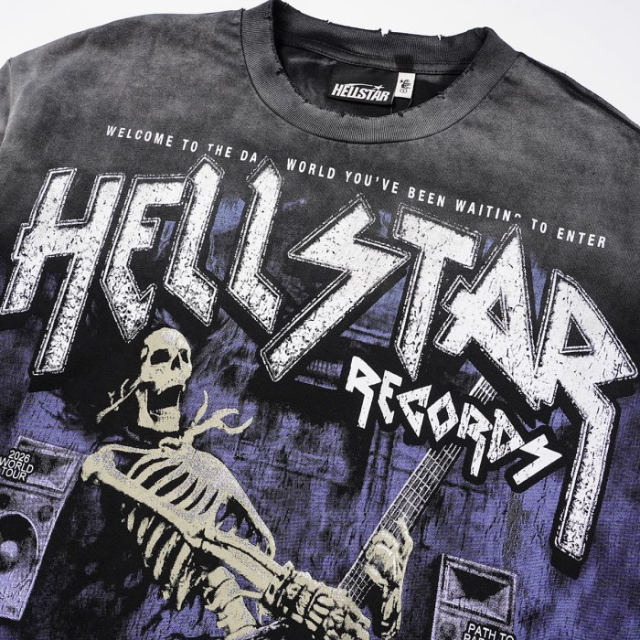 Hellstar Studio Skeleton Guitar Rock Font Back Tour City Slogan Frayed Long Sleeve T-Shirt 29558857