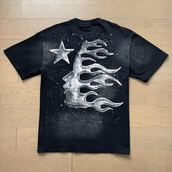 Hellstar Studio Starry Sky Front Metallic Star Slogan Back Flame Face Tee 29558832