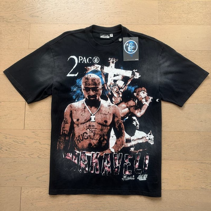 Hellstar Studio X 2Pac Wash Front Portrait Makaveli Letter Back Records Slogan Tee 29558841