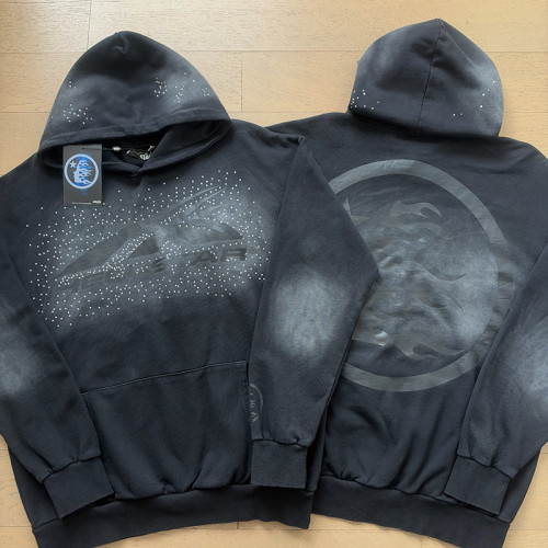Hellstar Studio Wash Gradient Rhinestone Star Logo Dark Flame Circle Monogram Hoodie 29558830