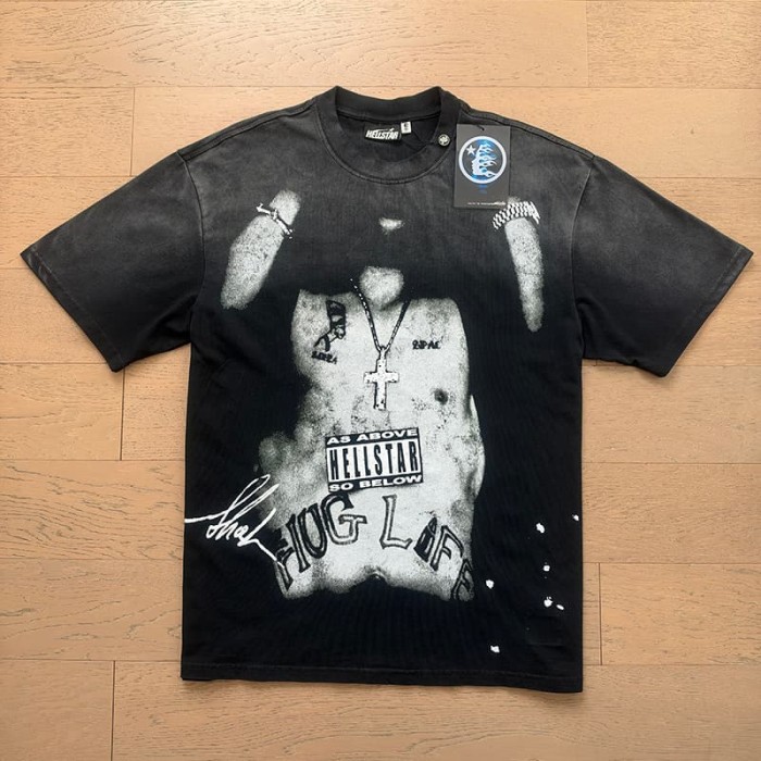 Hellstar Studio X 2Pac Black Wash Vintage Portrait Print Slogan Tee 29558833