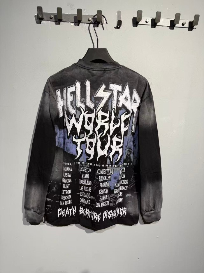 Hellstar Studio Skeleton Guitar Rock Font Back Tour City Slogan Frayed Long Sleeve T-Shirt 29558857