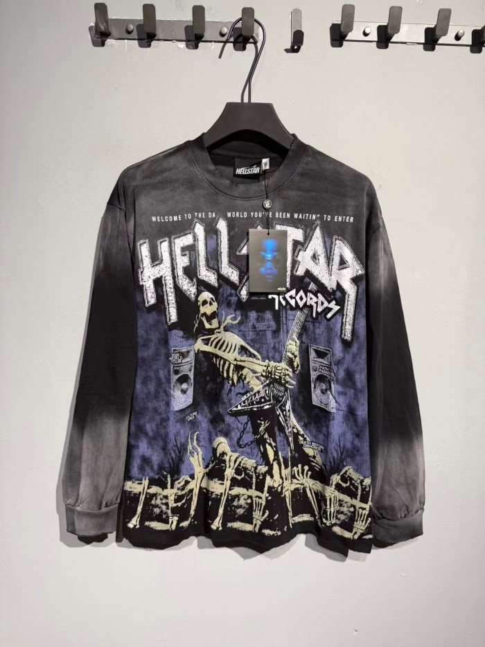 Hellstar Studio Skeleton Guitar Rock Font Back Tour City Slogan Frayed Long Sleeve T-Shirt 29558857