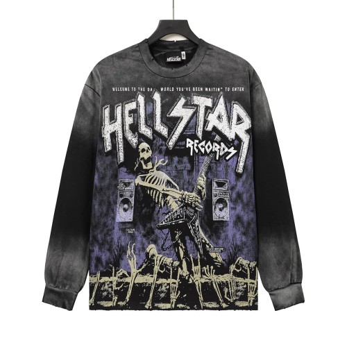 Hellstar Studio Skeleton Guitar Rock Font Back Tour City Slogan Frayed Long Sleeve T-Shirt 29558857