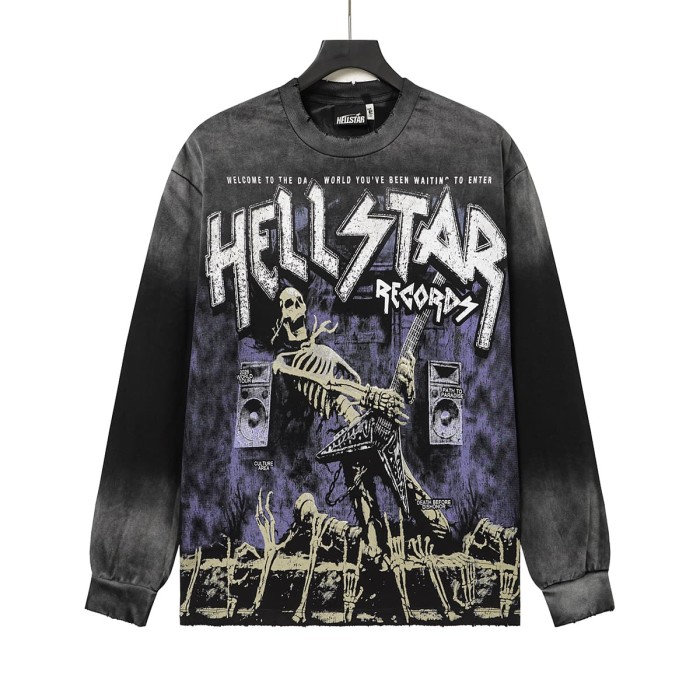 Hellstar Studio Skeleton Guitar Rock Font Back Tour City Slogan Frayed Long Sleeve T-Shirt 29558857