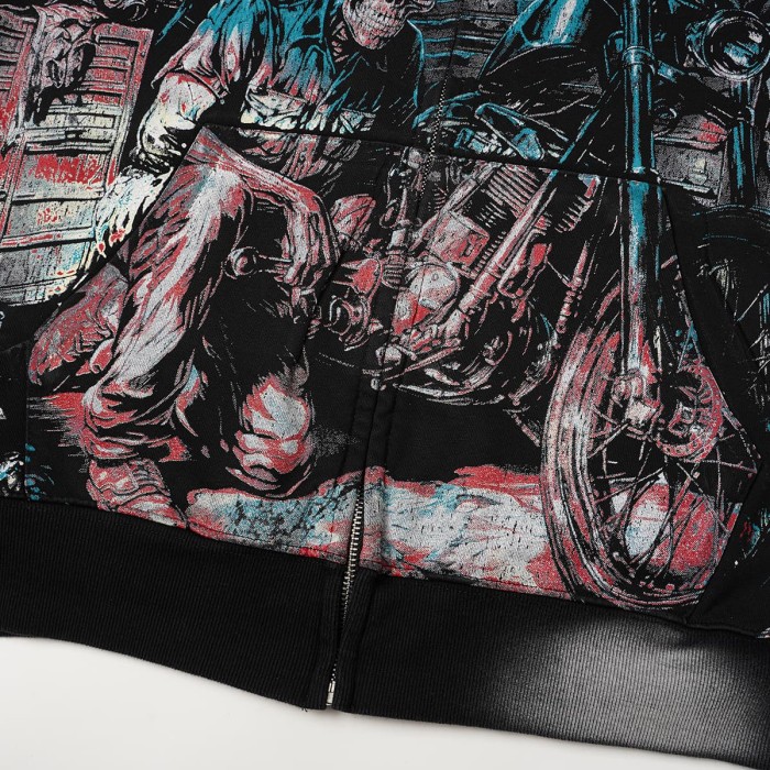 Godspeed Washed Skeleton Motorcycle Print Zip Up Hoodie 2 colors 29563769